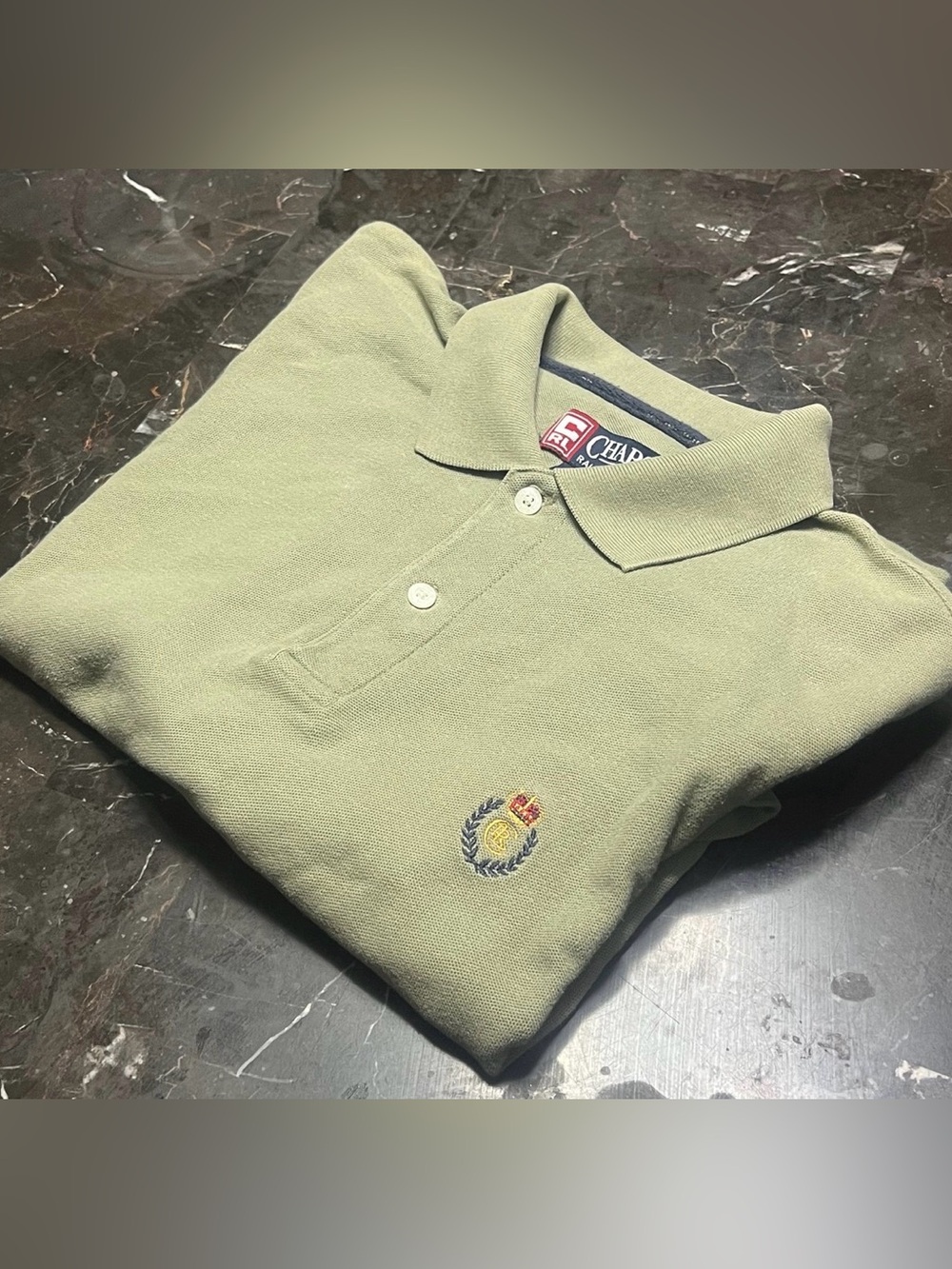 Vintage Chaps Ralph Lauren Moss Green Crest Logo Golf Short Sleeve Collared Polo